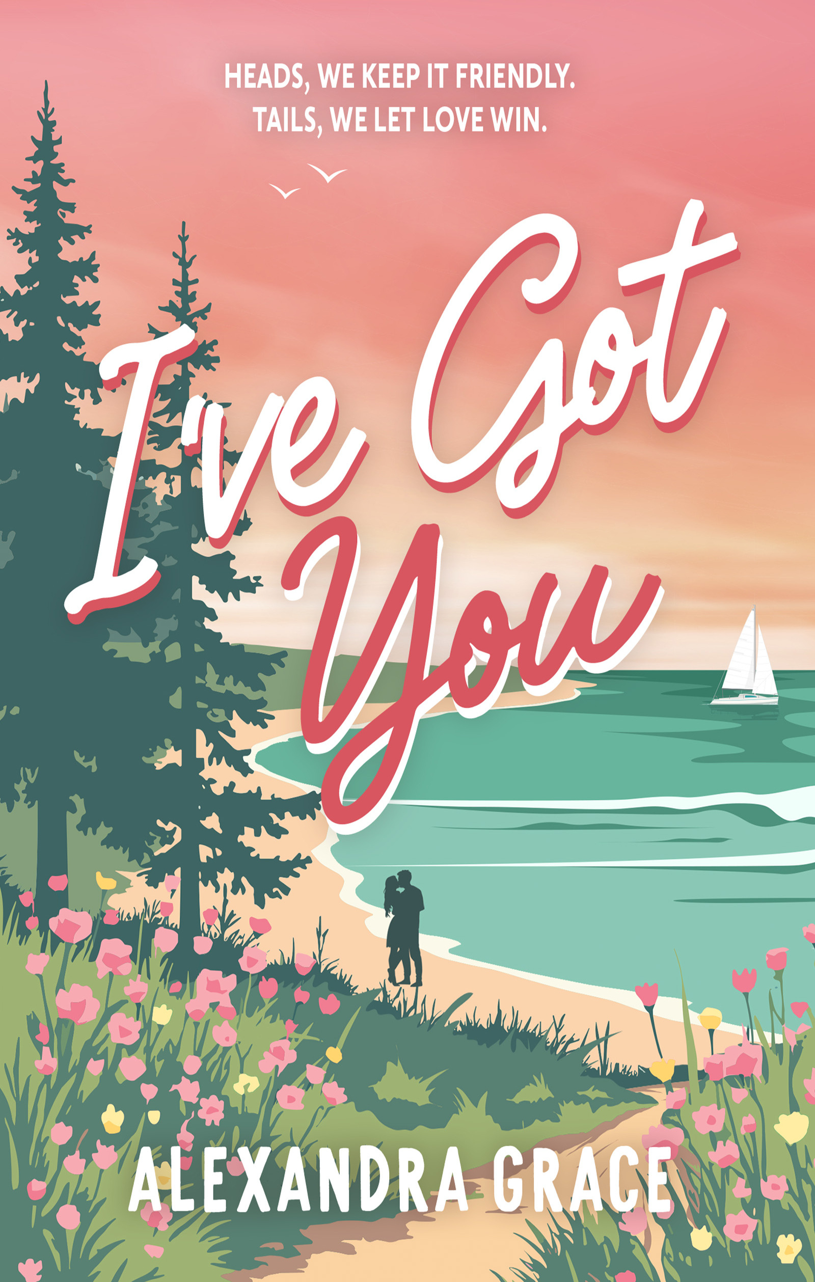 I've Got You Cover I've Got You cover, featuring a lake scene with a pink and orange sky and tulips long a sandy walkway. The couple is hugging by the shoreline in the distance.